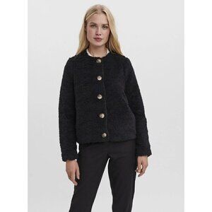 NWT Vero Moda Size M Amanda Faux Fur Teddy Jacket Black Button Front